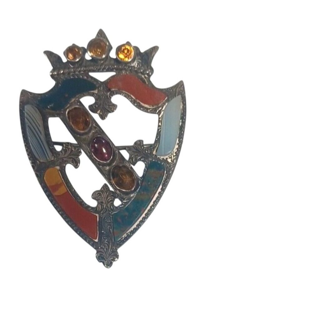 Victorian Sterling Silver Scottish Crest With Crown Agate Brooch Pin Circa 1890 - Picture 9 of 10